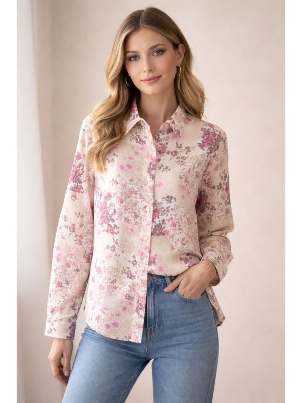 Lemon Grass lightweight polyester material floral long-sleeve button-down top L